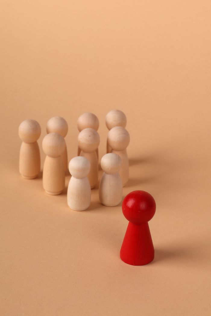 gallery-4 Wooden figures representing leadership and individuality on a neutral background.
